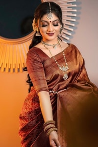 Rust Copper Banarasi Soft Silk Saree with All-Over Copper Zari Weave and Striped Pallu  in Surat
