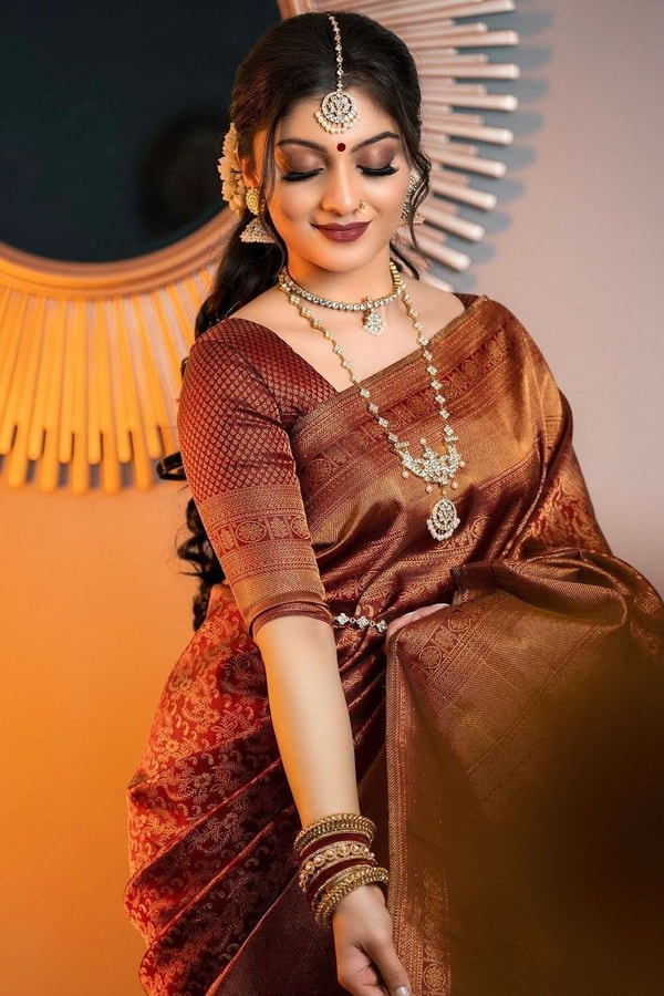 Rust Copper Banarasi Soft Silk Saree with All-Over Copper Zari Weave and Striped Pallu  in Surat