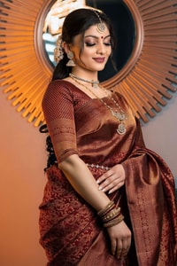 Rust Copper Banarasi Soft Silk Saree with All-Over Copper Zari Weave and Striped Pallu  in Surat
