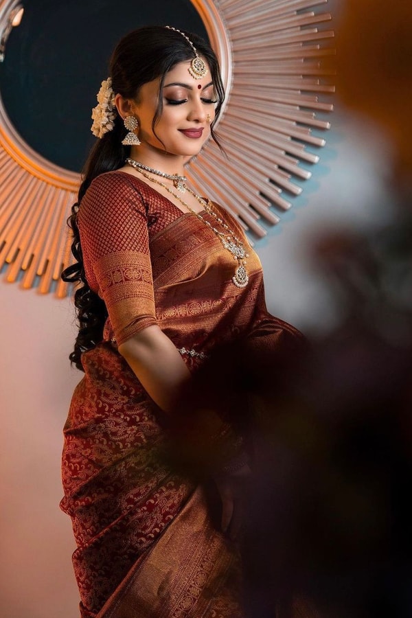 Rust Copper Banarasi Soft Silk Saree with All-Over Copper Zari Weave and Striped Pallu  in Surat