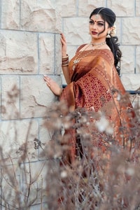 Rust Copper Banarasi Soft Silk Saree with All-Over Copper Zari Weave and Striped Pallu  in Surat