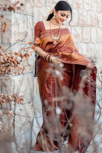 Rust Copper Banarasi Soft Silk Saree with All-Over Copper Zari Weave and Striped Pallu  in Surat