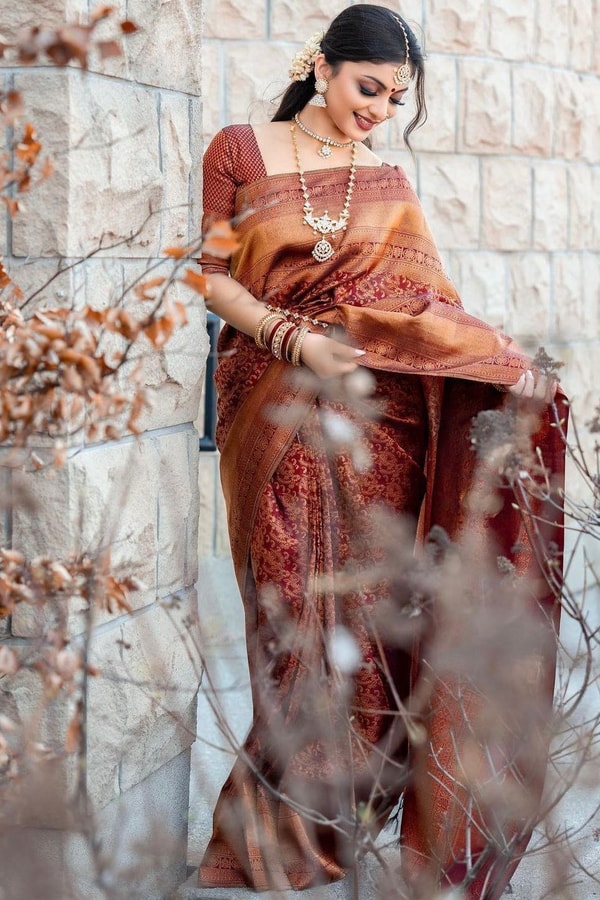 Rust Copper Banarasi Soft Silk Saree with All-Over Copper Zari Weave and Striped Pallu  in Surat
