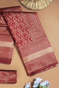 Rust Copper Banarasi Soft Silk Saree with All-Over Copper Zari Weave and Striped Pallu  in Surat