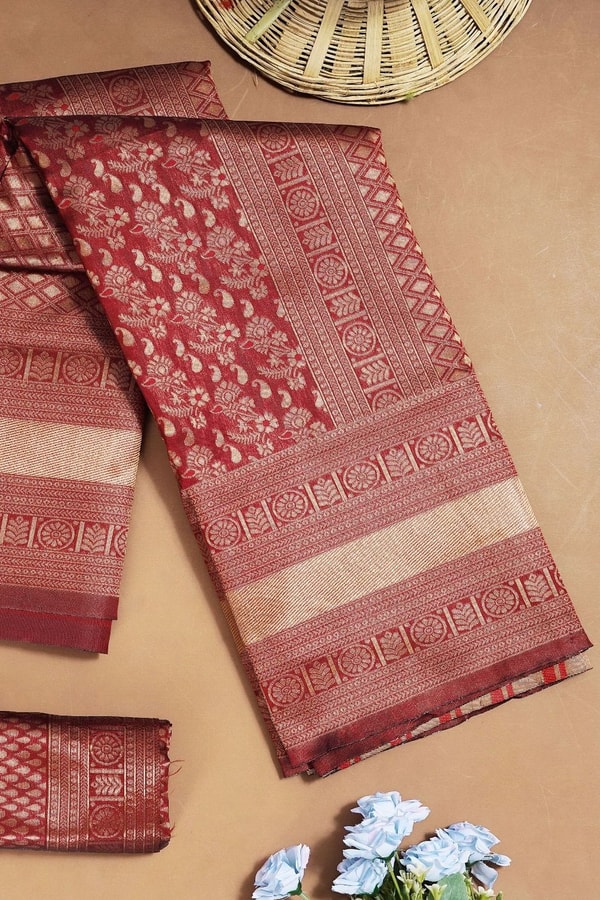 Rust Copper Banarasi Soft Silk Saree with All-Over Copper Zari Weave and Striped Pallu  in Surat