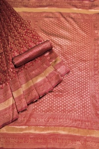 Rust Copper Banarasi Soft Silk Saree with All-Over Copper Zari Weave and Striped Pallu  in Surat
