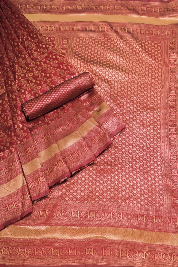 Rust Copper Banarasi Soft Silk Saree with All-Over Copper Zari Weave and Striped Pallu  in Surat
