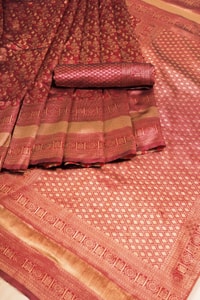 Rust Copper Banarasi Soft Silk Saree with All-Over Copper Zari Weave and Striped Pallu  in Surat