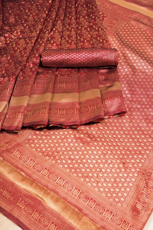 Rust Copper Banarasi Soft Silk Saree with All-Over Copper Zari Weave and Striped Pallu  in Surat