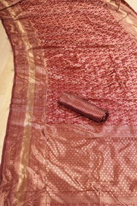 Rust Copper Banarasi Soft Silk Saree with All-Over Copper Zari Weave and Striped Pallu  in Surat