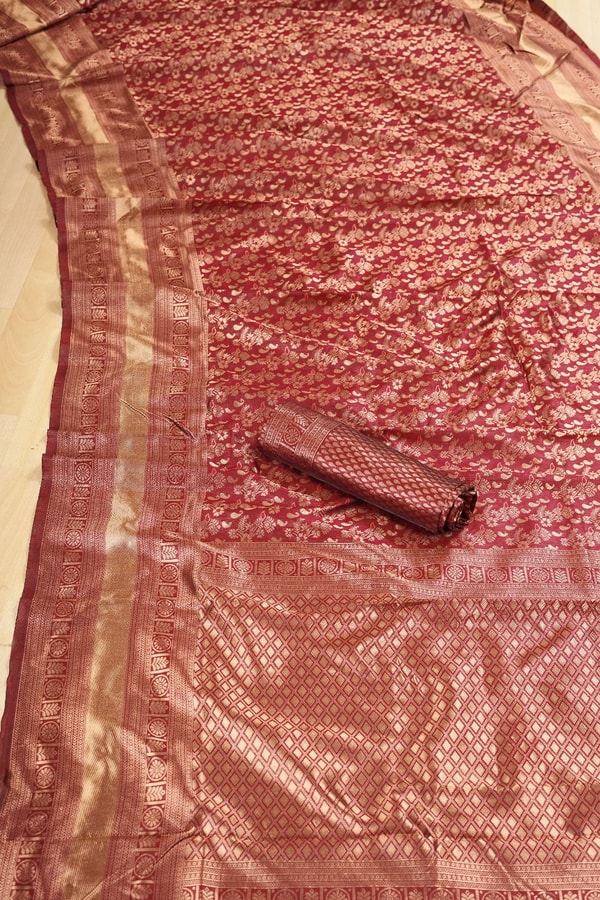Rust Copper Banarasi Soft Silk Saree with All-Over Copper Zari Weave and Striped Pallu  in Surat