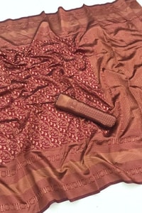 Rust Copper Banarasi Soft Silk Saree with All-Over Copper Zari Weave and Striped Pallu  in Surat