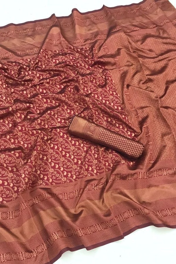 Rust Copper Banarasi Soft Silk Saree with All-Over Copper Zari Weave and Striped Pallu  in Surat