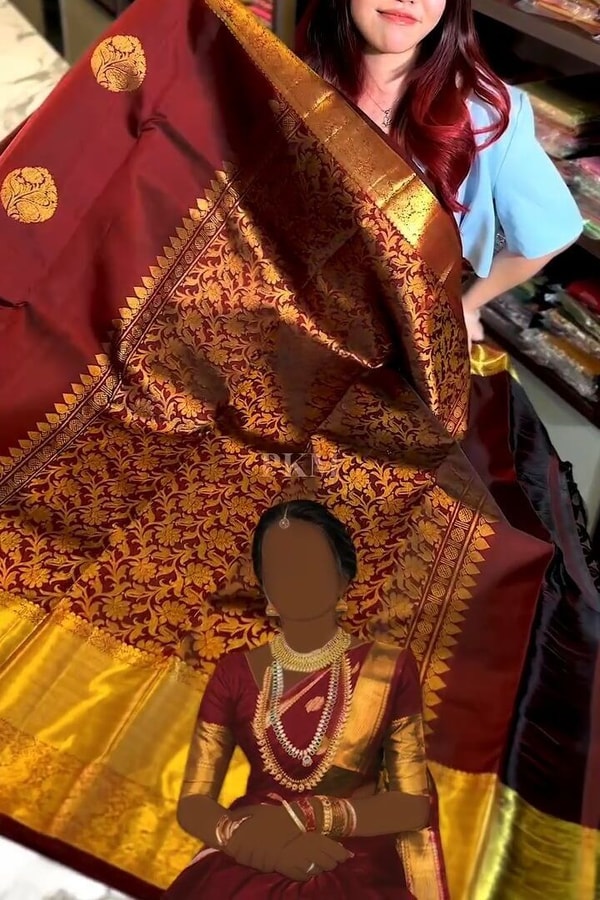 Rust Maroon Banarasi Soft Silk Saree with Gold Coin Buttis and Mustard Zari Border  in Surat