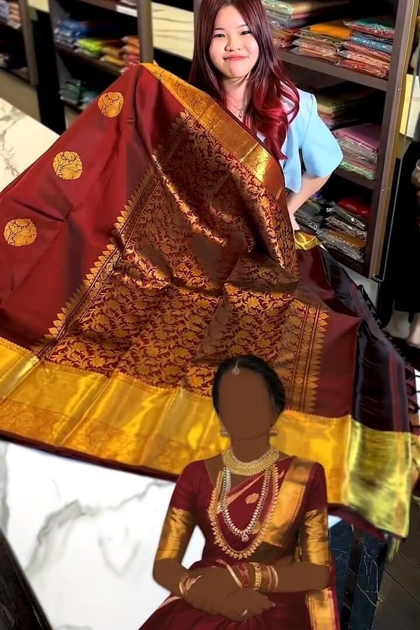 Rust Maroon Banarasi Soft Silk Saree with Gold Coin Buttis and Mustard Zari Border  in Surat