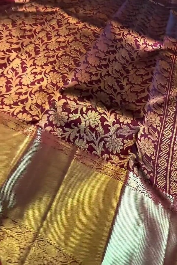Rust Maroon Banarasi Soft Silk Saree with Gold Coin Buttis and Mustard Zari Border  in Surat