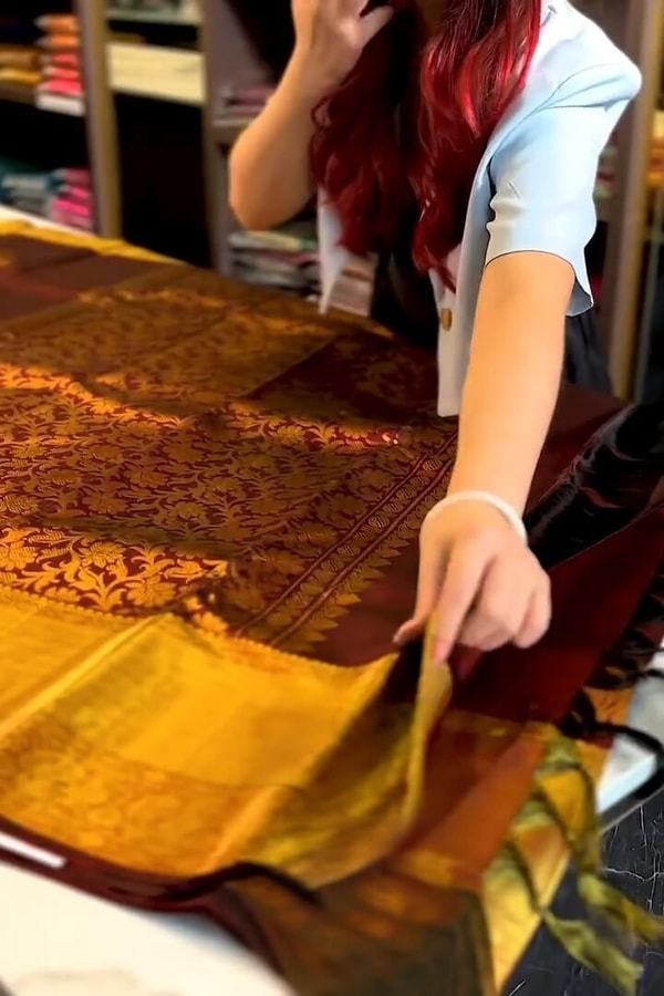 Rust Maroon Banarasi Soft Silk Saree with Gold Coin Buttis and Mustard Zari Border  in Surat