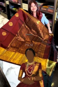 Rust Maroon Banarasi Soft Silk Saree with Gold Coin Buttis and Mustard Zari Border  in Surat video 1