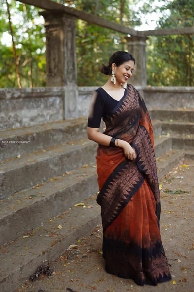 Rust Orange and Black Banarasi Soft Silk Saree with Copper Zari Leaf Motif Pallu in Surat