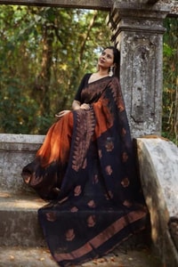 Rust Orange and Black Banarasi Soft Silk Saree with Copper Zari Leaf Motif Pallu  in Surat