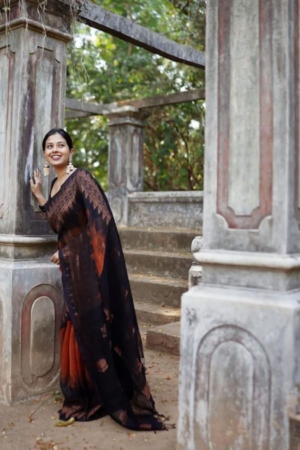 Rust Orange and Black Banarasi Soft Silk Saree with Copper Zari Leaf Motif Pallu  in Surat