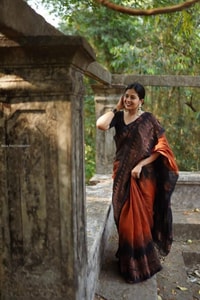 Rust Orange and Black Banarasi Soft Silk Saree with Copper Zari Leaf Motif Pallu  in Surat