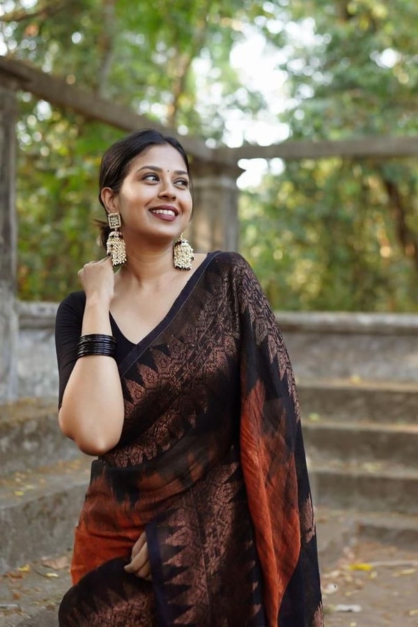 Rust Orange and Black Banarasi Soft Silk Saree with Copper Zari Leaf Motif Pallu  in Surat