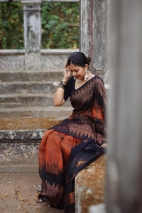 Rust Orange and Black Banarasi Soft Silk Saree with Copper Zari Leaf Motif Pallu  in Surat