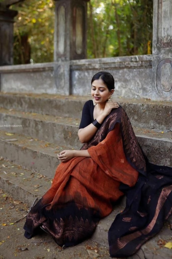 Rust Orange and Black Banarasi Soft Silk Saree with Copper Zari Leaf Motif Pallu  in Surat