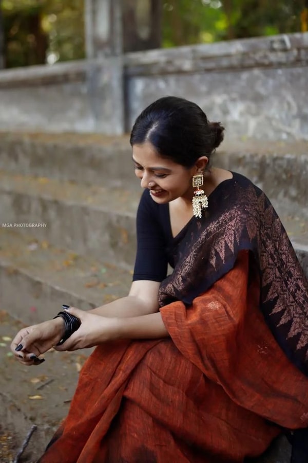 Rust Orange and Black Banarasi Soft Silk Saree with Copper Zari Leaf Motif Pallu  in Surat
