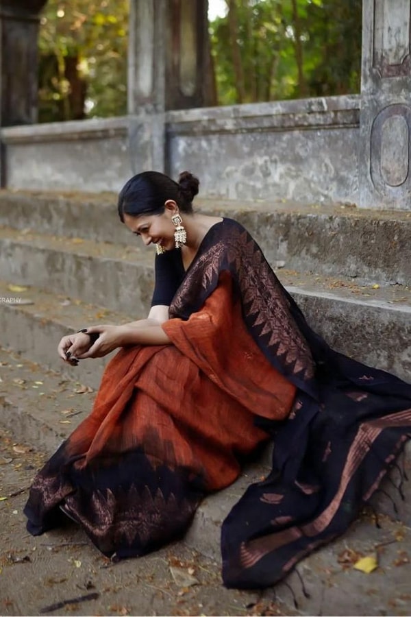 Rust Orange and Black Banarasi Soft Silk Saree with Copper Zari Leaf Motif Pallu  in Surat