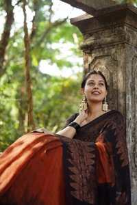 Rust Orange and Black Banarasi Soft Silk Saree with Copper Zari Leaf Motif Pallu  in Surat