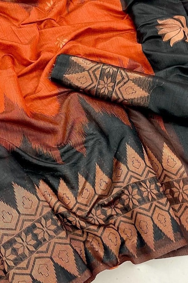 Rust Orange and Black Banarasi Soft Silk Saree with Copper Zari Leaf Motif Pallu  in Surat