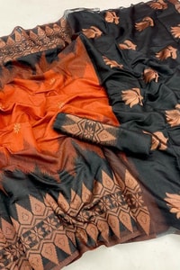 Rust Orange and Black Banarasi Soft Silk Saree with Copper Zari Leaf Motif Pallu  in Surat