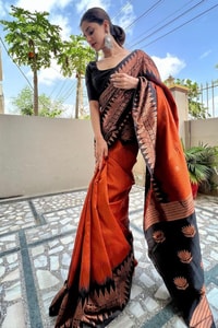 Rust Orange and Black Banarasi Soft Silk Saree with Copper Zari Leaf Motif Pallu  in Surat