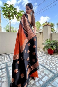 Rust Orange and Black Banarasi Soft Silk Saree with Copper Zari Leaf Motif Pallu  in Surat