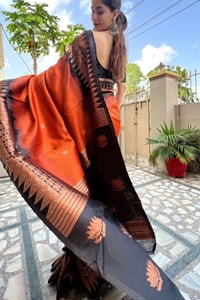 Rust Orange and Black Banarasi Soft Silk Saree with Copper Zari Leaf Motif Pallu  in Surat