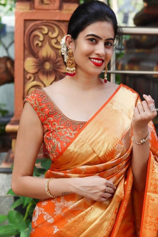 Saffron Orange Banarasi Soft Silk Saree with All-Over Zari Floral Jacquard Weave  in Surat