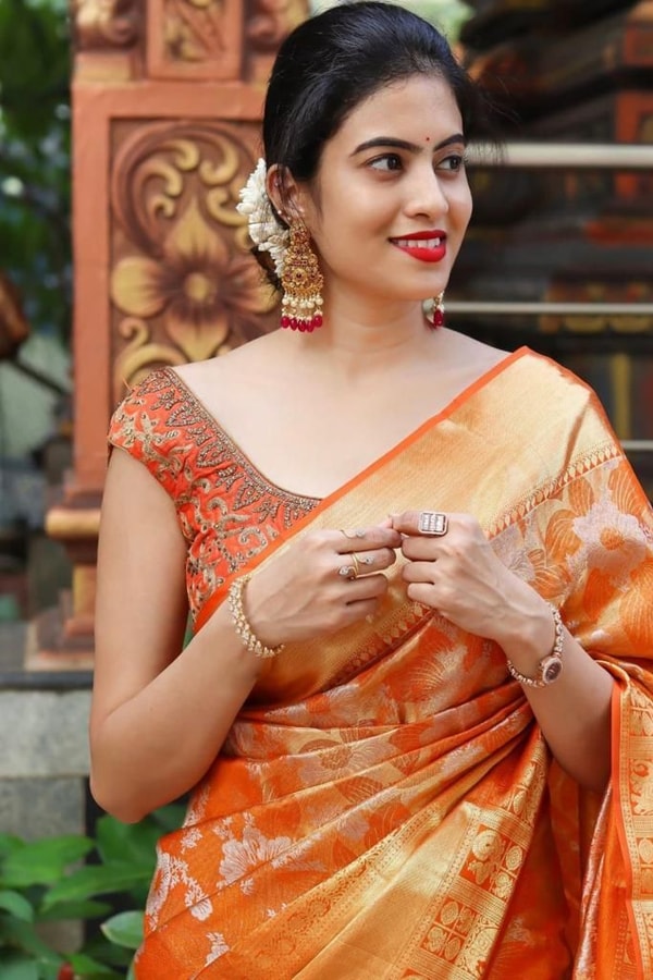 Saffron Orange Banarasi Soft Silk Saree with All-Over Zari Floral Jacquard Weave  in Surat