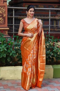 Saffron Orange Banarasi Soft Silk Saree with All-Over Zari Floral Jacquard Weave  in Surat