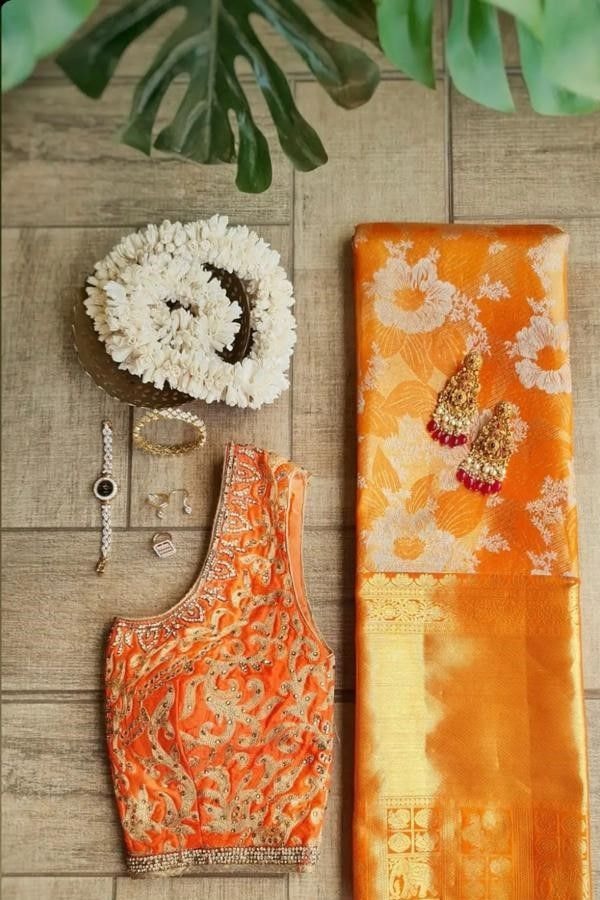 Saffron Orange Banarasi Soft Silk Saree with All-Over Zari Floral Jacquard Weave  in Surat