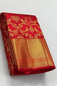Scarlet Red Banarasi Soft Silk Saree with Floral Vine Zari Jaal and Diamond Woven Pallu  in Surat