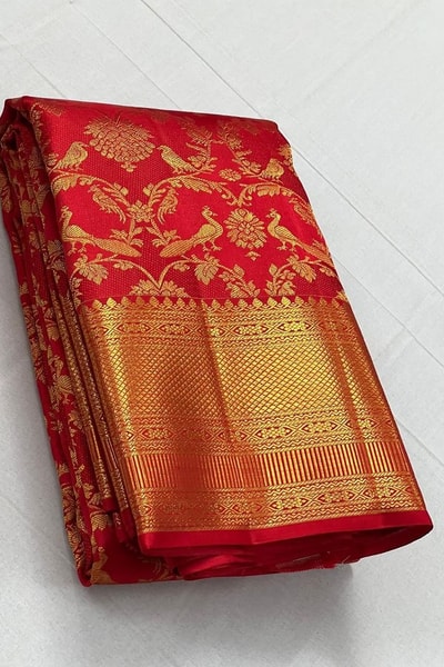 Scarlet Red Banarasi Soft Silk Saree with Floral Vine Zari Jaal and Diamond Woven Pallu in Surat