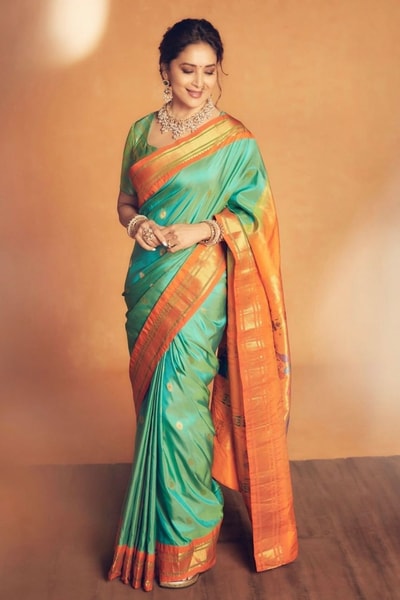 Sea Green Soft Lichi Silk Saree with Orange Border and Meenakari Peacock Paithani-Style Pallu in Surat