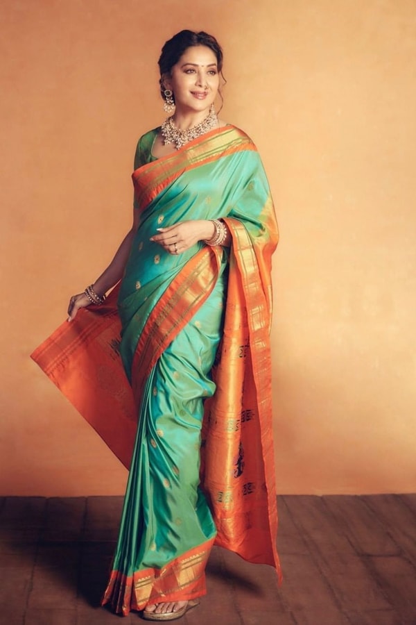 Sea Green Soft Lichi Silk Saree with Orange Border and Meenakari Peacock Paithani-Style Pallu  in Surat