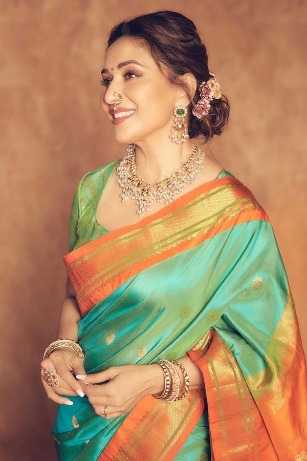 Sea Green Soft Lichi Silk Saree with Orange Border and Meenakari Peacock Paithani-Style Pallu  in Surat