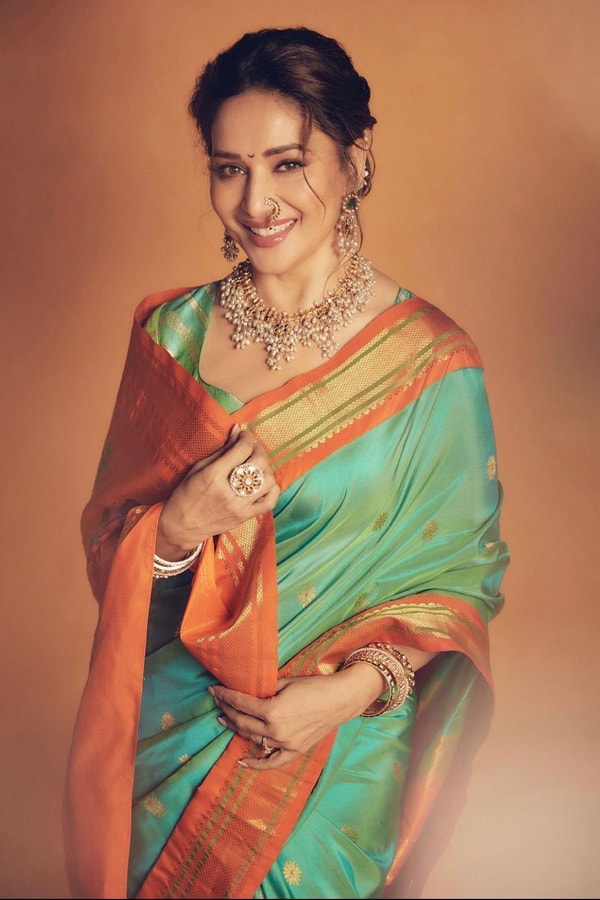 Sea Green Soft Lichi Silk Saree with Orange Border and Meenakari Peacock Paithani-Style Pallu  in Surat