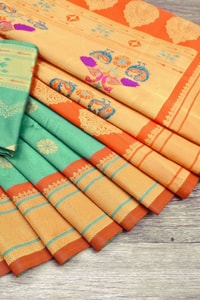 Sea Green Soft Lichi Silk Saree with Orange Border and Meenakari Peacock Paithani-Style Pallu  in Surat