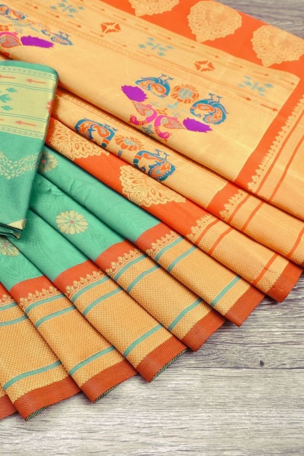 Sea Green Soft Lichi Silk Saree with Orange Border and Meenakari Peacock Paithani-Style Pallu  in Surat