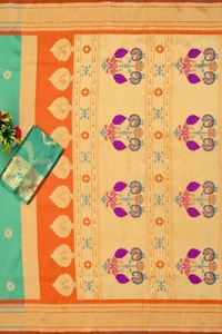 Sea Green Soft Lichi Silk Saree with Orange Border and Meenakari Peacock Paithani-Style Pallu  in Surat